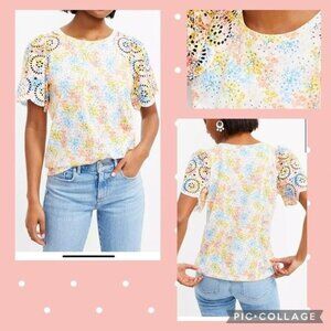 WOMEN LOFT Petite Hydrangea Eyelet Flutter Sleeve Tee 100%Cotton  Large
